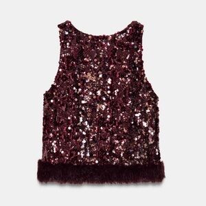 NWT Zara Woman Bloggers Fav Sequined SEQUIN TOP WITH FAUX FUR HEM GARNET Size M